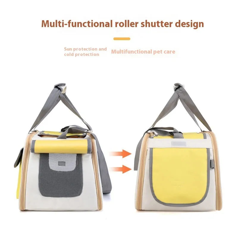 Foldable canvas pet carrier bag with shoulder strap shown in three colour options.
