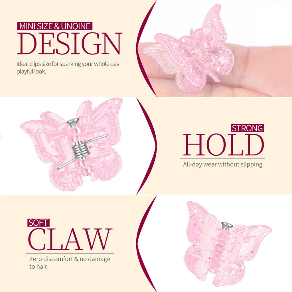 50 glitter butterfly hair claw clips in 14 sparkly colours displayed together