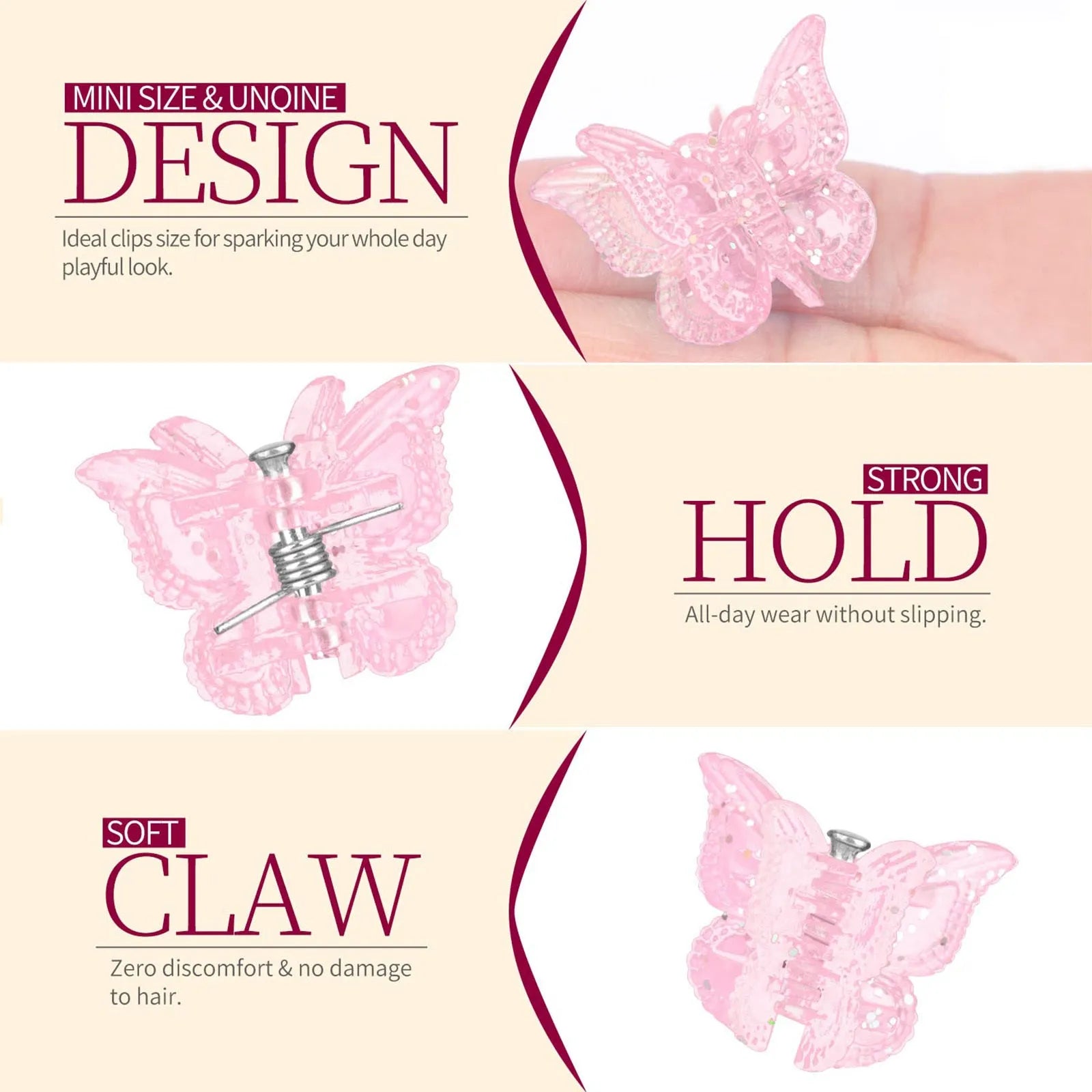 50 glitter butterfly hair claw clips in 14 sparkly colours displayed together