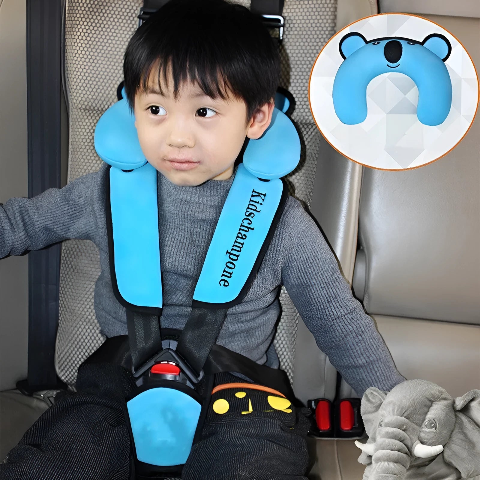 Polyester portable child safety seat belt retainer with padded seat measuring 33 by 22 by 9.5cm