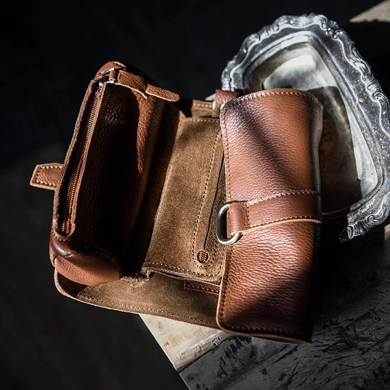 Handmade cow leather vintage wallet with tape extraction closure in black or dark brown
