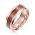 8mm wide tungsten ring with Ugyen inlay and wood leather accents in rose gold finish