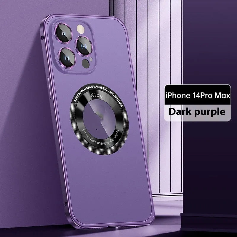 Metal phone case with spring fastener and frosted finish in black for iPhone 14