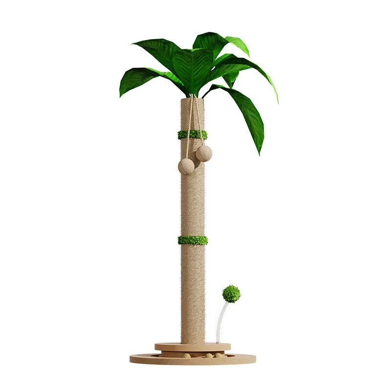 Vertical cat climbing frame with hemp rope wrapped around a density board core and chamfered grab columns.