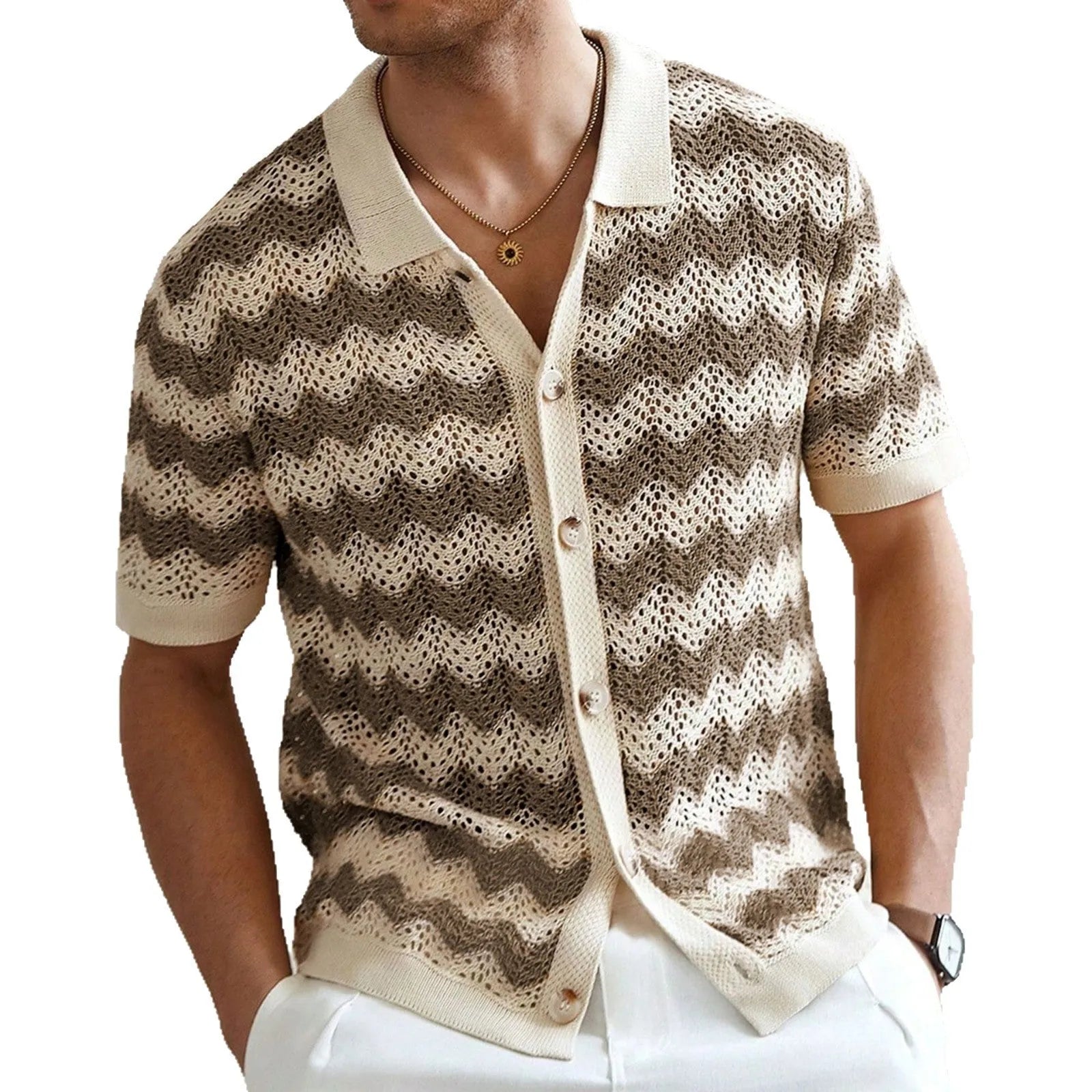 Short-sleeved yellow corrugated sweater with a hollow jacquard texture on a hanger.