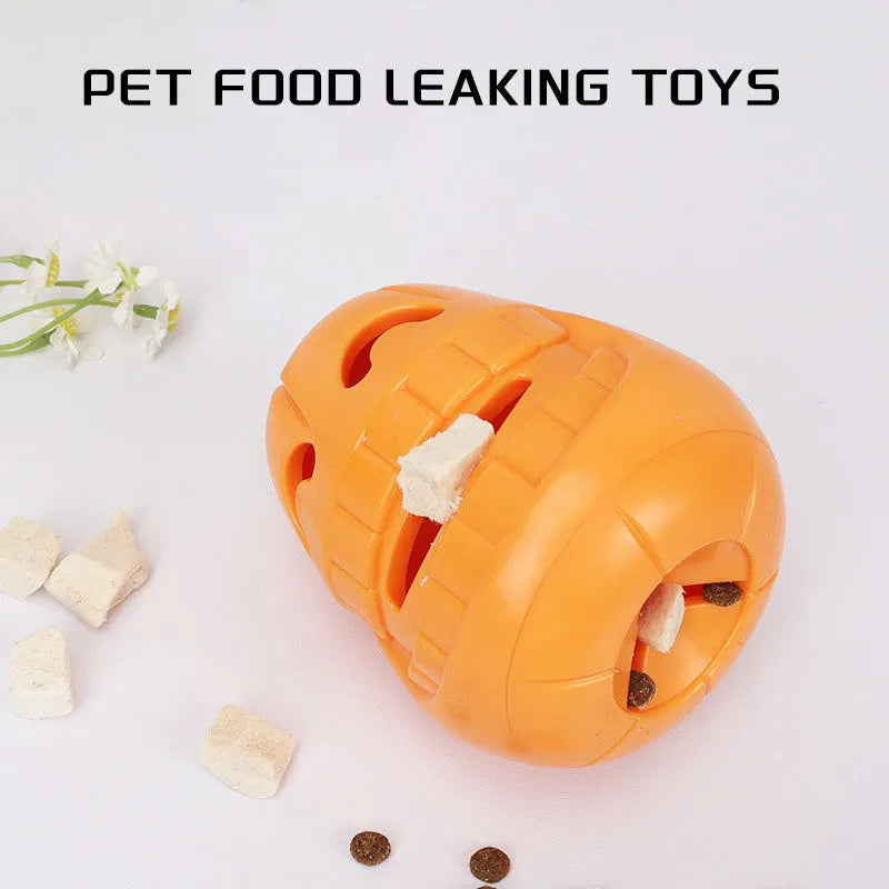 Orange pumpkin shaped interactive dog chew toy with treat dispensing funnel