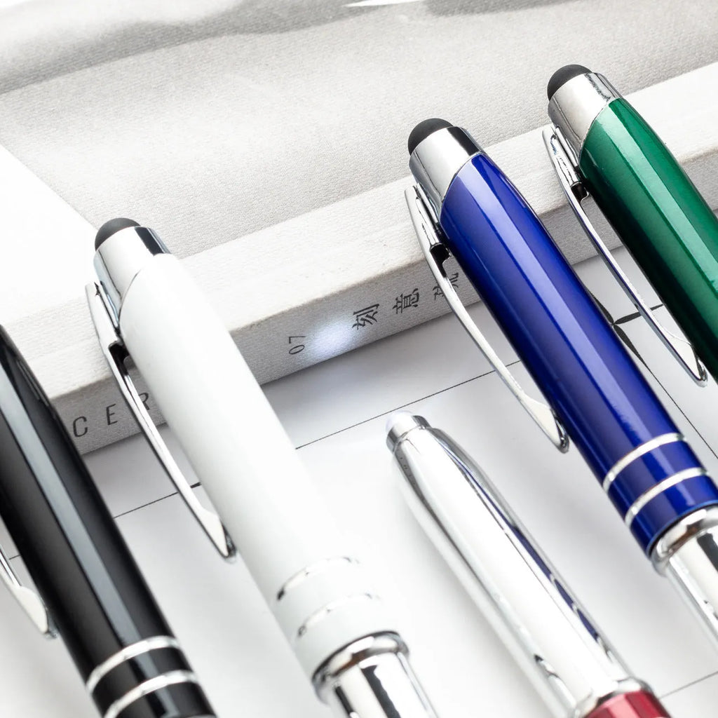 Metal multifunctional stylus pen with capacitive tip, ballpoint pen, and LED light in multiple colour options