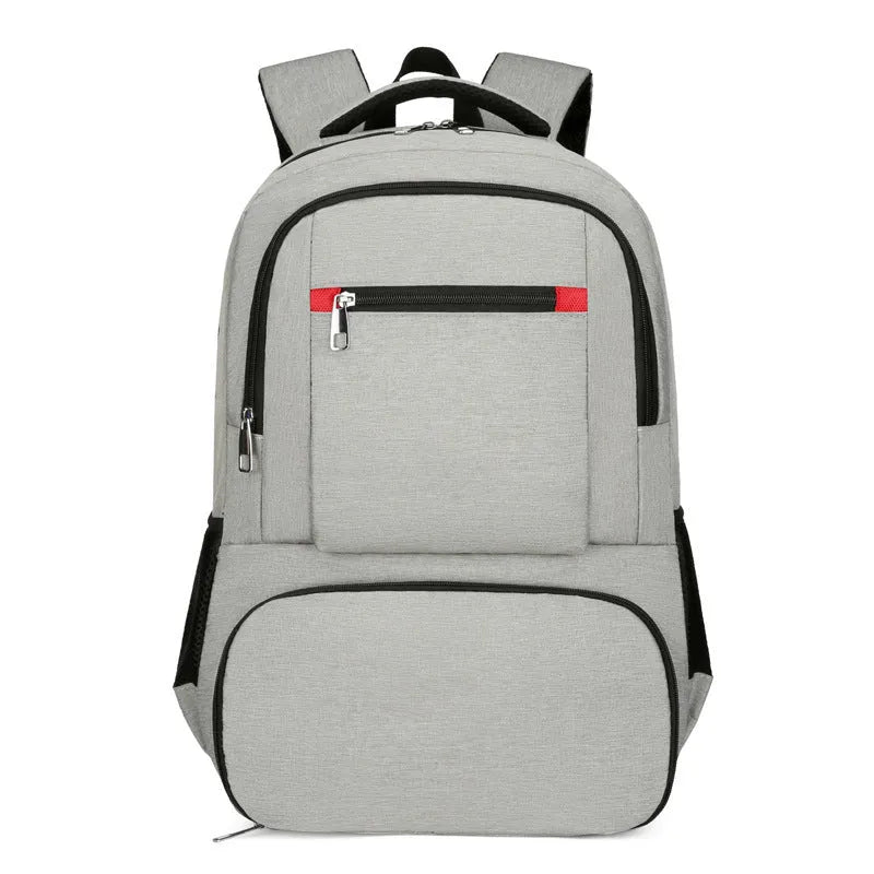Light grey insulated Oxford cloth backpack with curved shoulder straps and pull-rod belt accessory