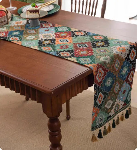 European country style table runner with handwoven tassels in cotton-polyester blend fabric