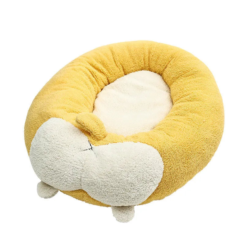 Corgi shaped soft plush pet bed for dogs and cats on a white background
