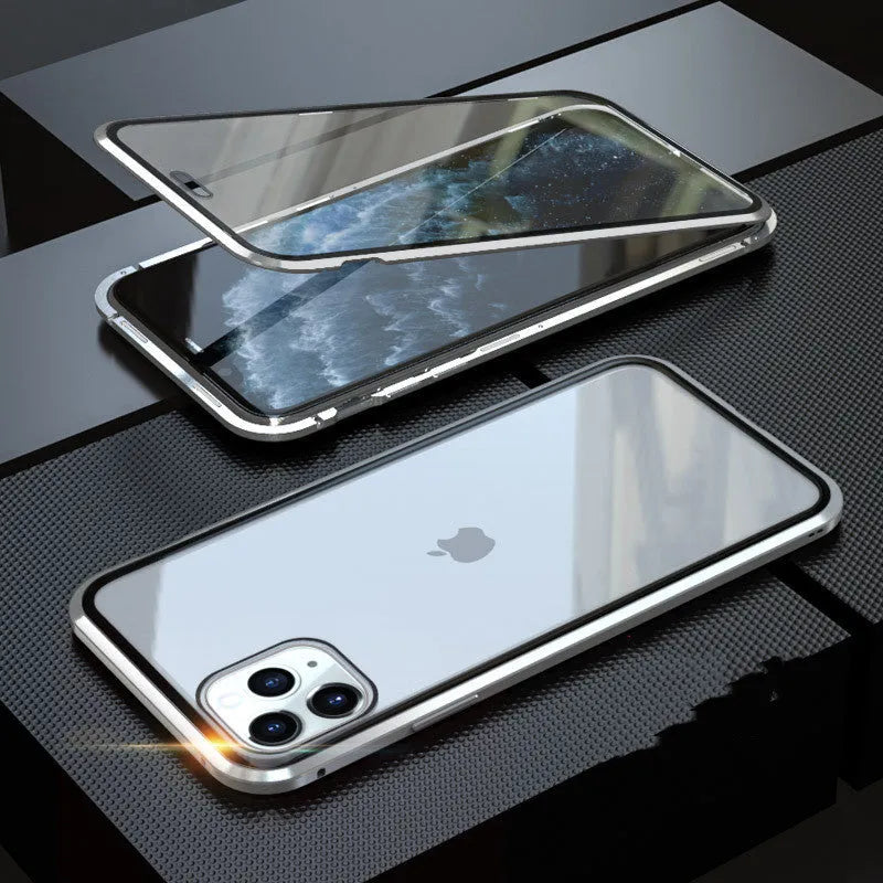 Black glass anti-spy clamshell privacy case for iPhone, shown open and closed.
