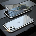 Black glass anti-spy clamshell privacy case for iPhone, shown open and closed.
