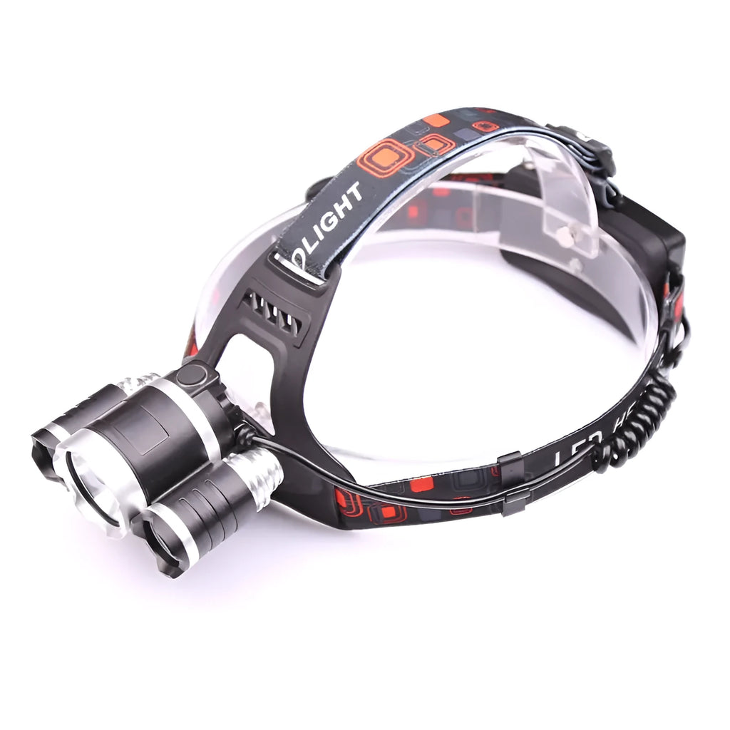 Gold or silver aluminium LED head torch with adjustable focus and tiltable head on a strap