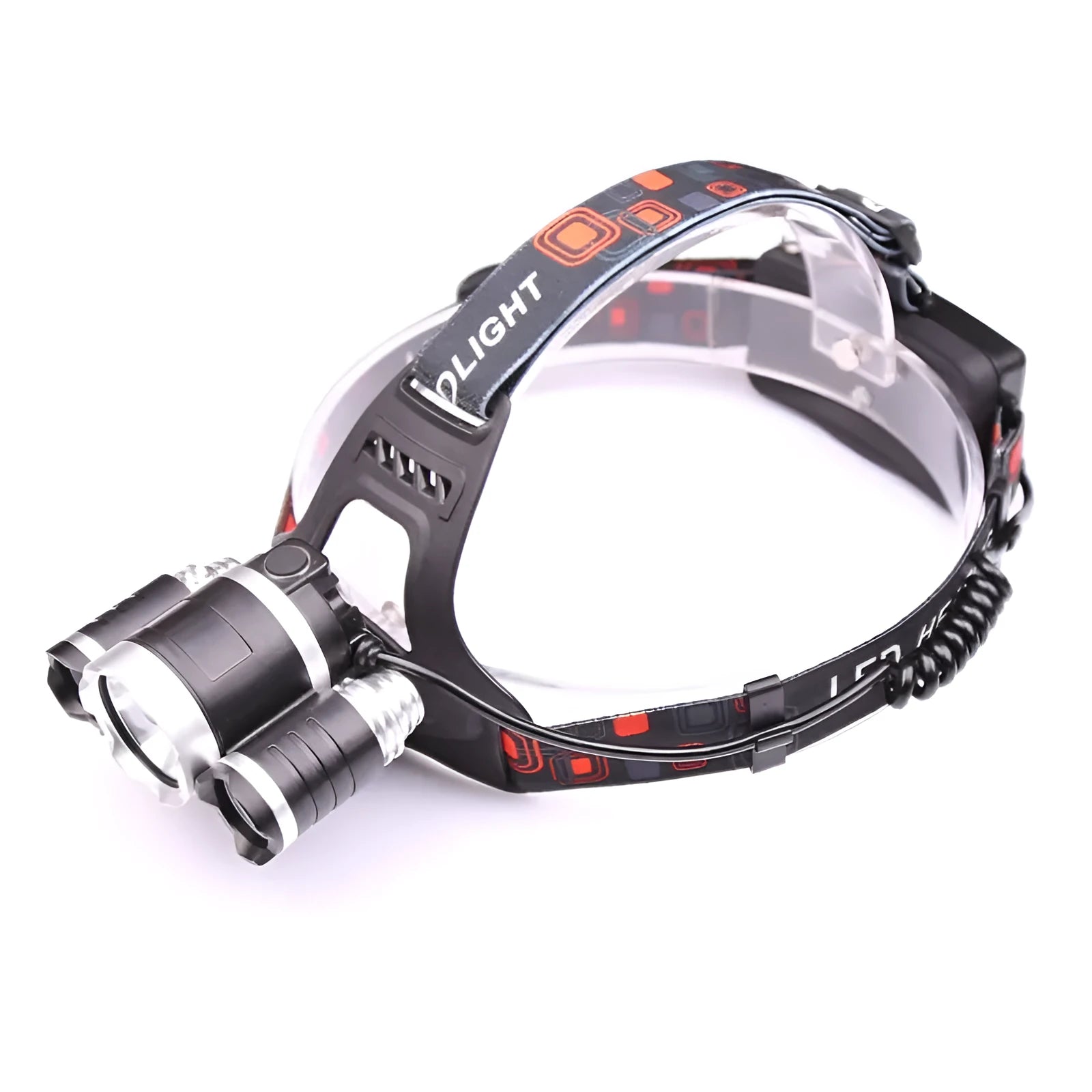 Gold or silver aluminium LED head torch with adjustable focus and tiltable head on a strap