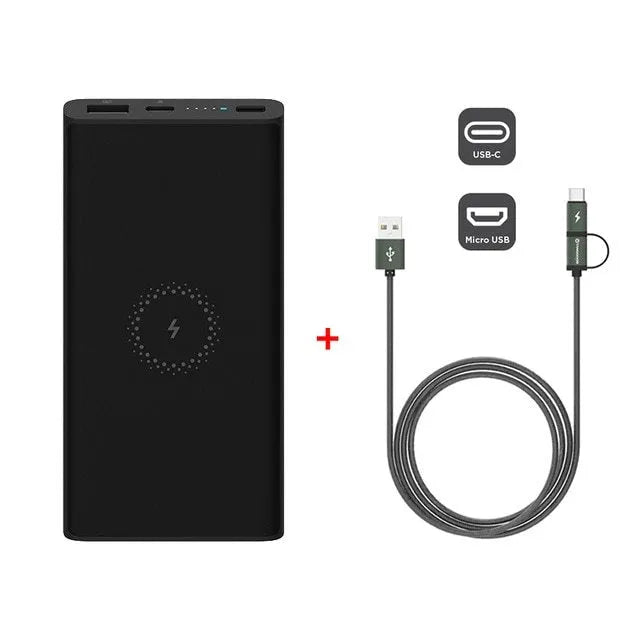 White or black 10000 mAh power bank with fast charging and wireless output for tablets and cameras
