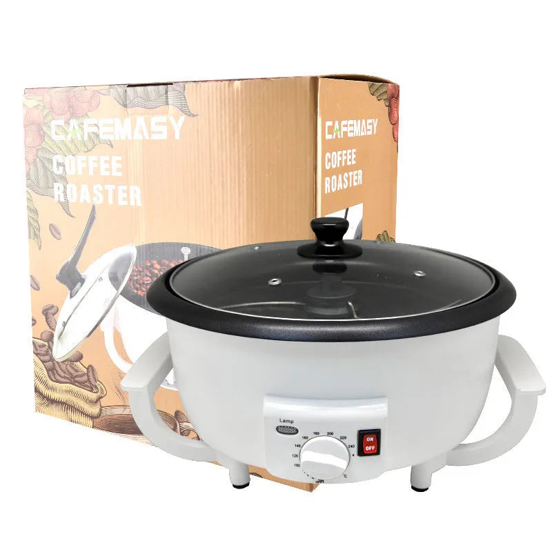 White oblate coffee bean roasting machine with 750g capacity and 225mm pot base.