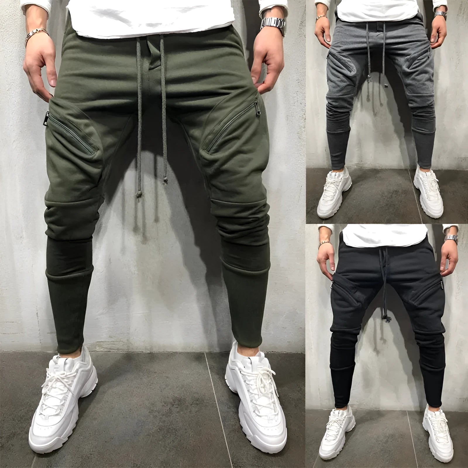 Men's cotton blended micro-elastic zipper casual trousers in black, tapered leg style