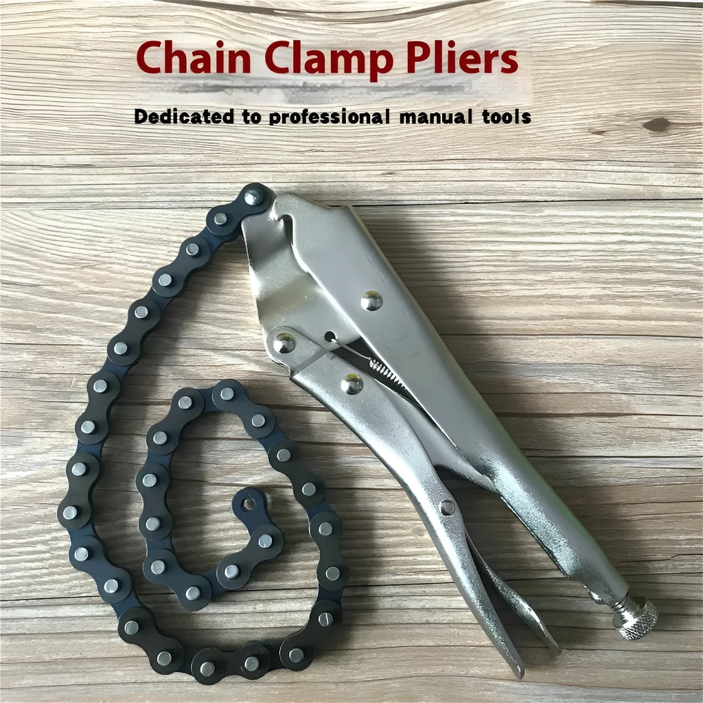 Chain-type pliers with 50 cm chain and high carbon steel clamp head on workbench