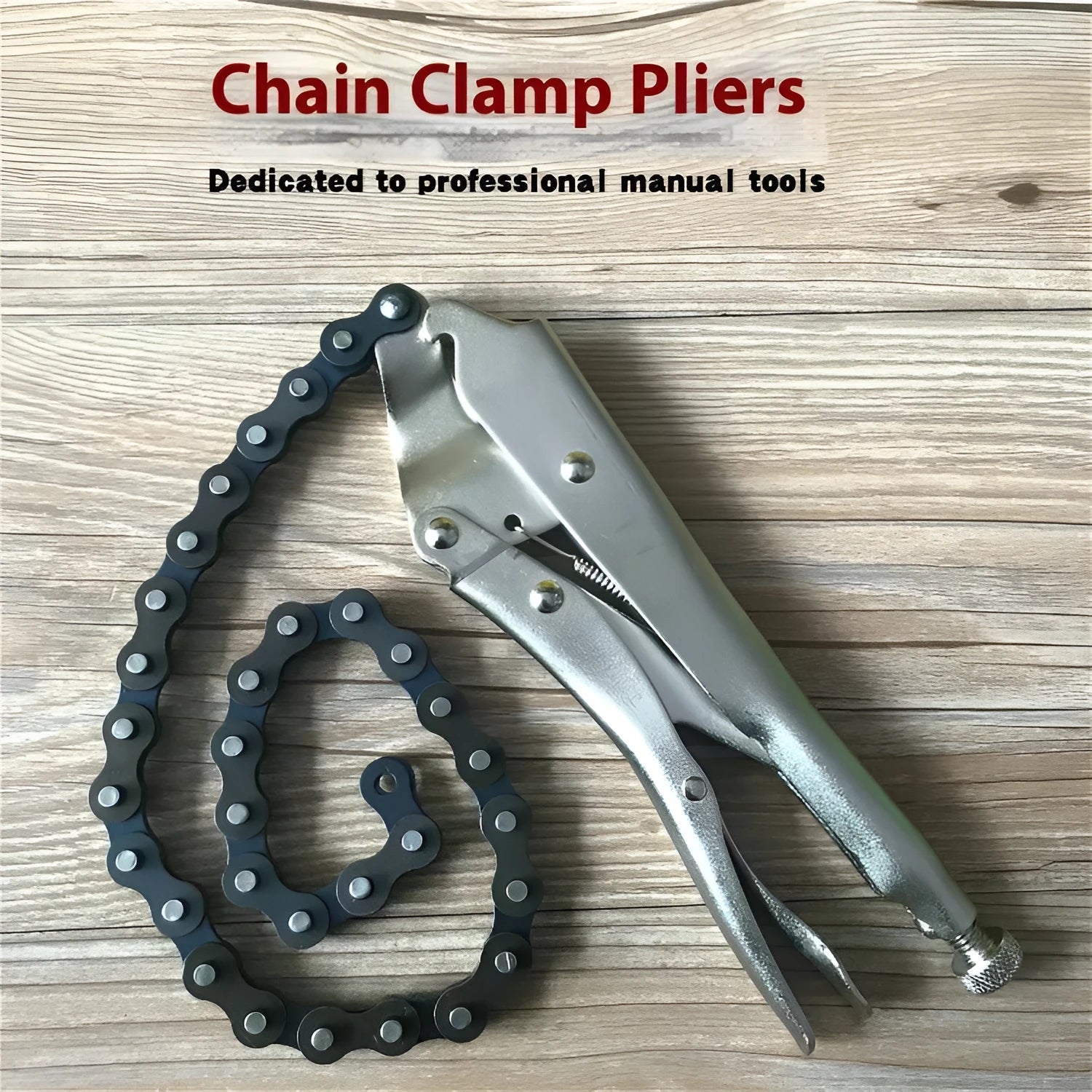 Chain-type pliers with 50 cm chain and high carbon steel clamp head on workbench
