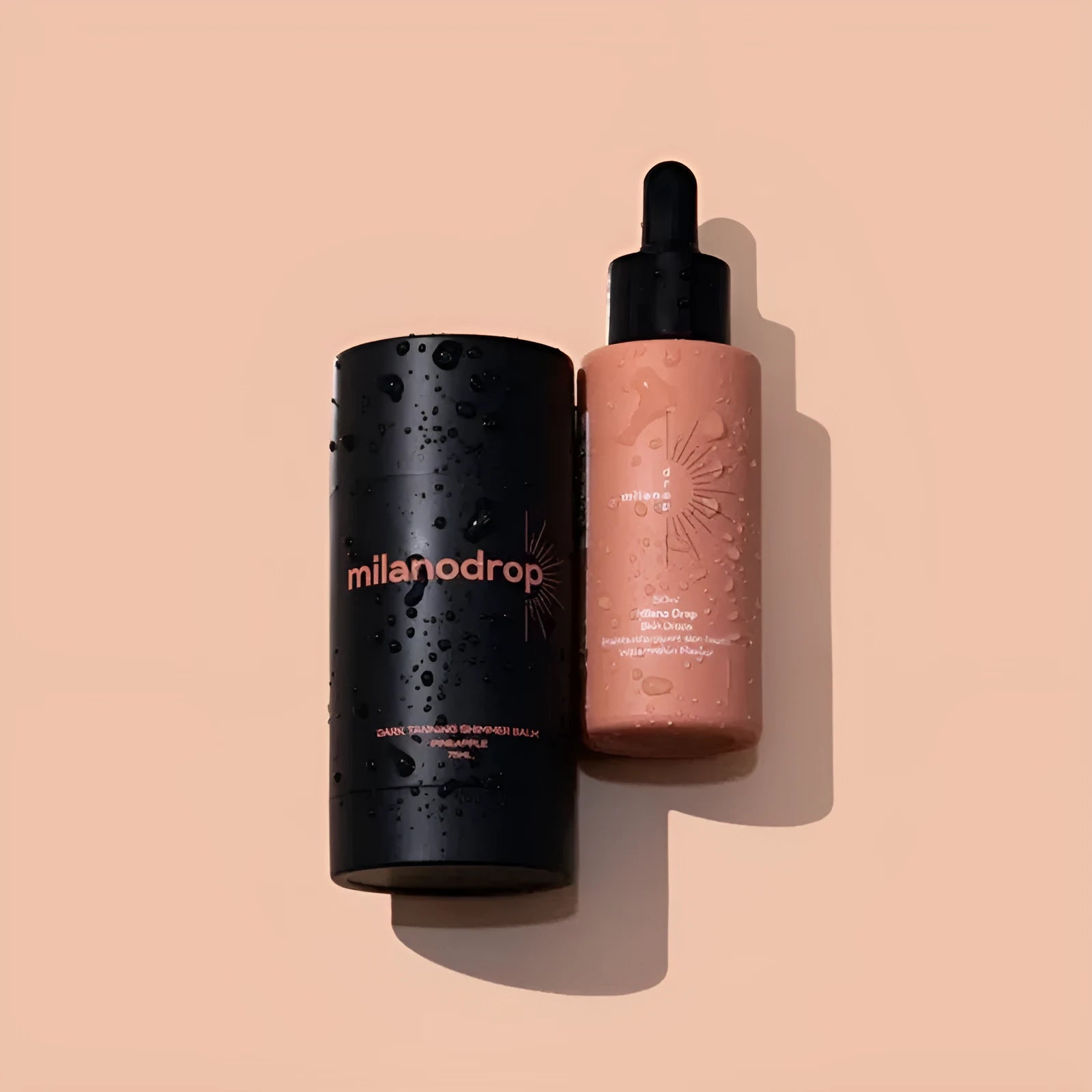 Matte self-tanning liquid set showing 50ml tanning drops bottle and 75ml tanning flash cream tube