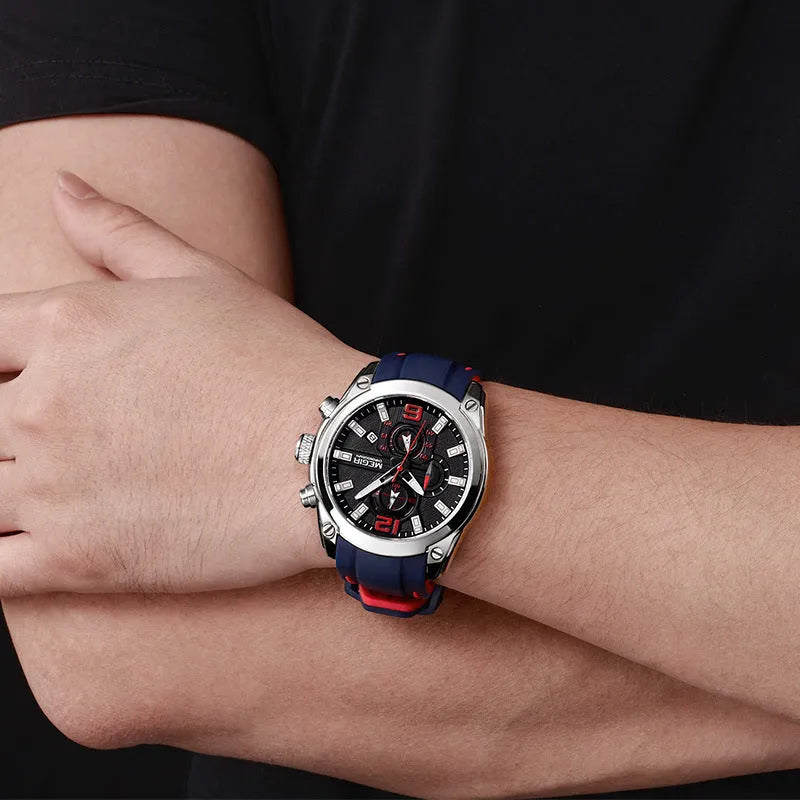 Multifunctional sports watch with black silicone strap, 46mm dial, and mineral glass face