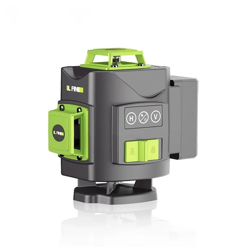 Green laser level showing 16 projection lines with 360-degree coverage for construction alignment tasks