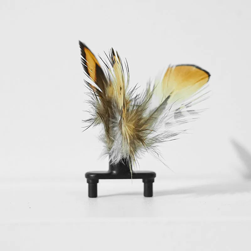 Electric bee-themed cat toy with feather attachments in pink or yellow colour options