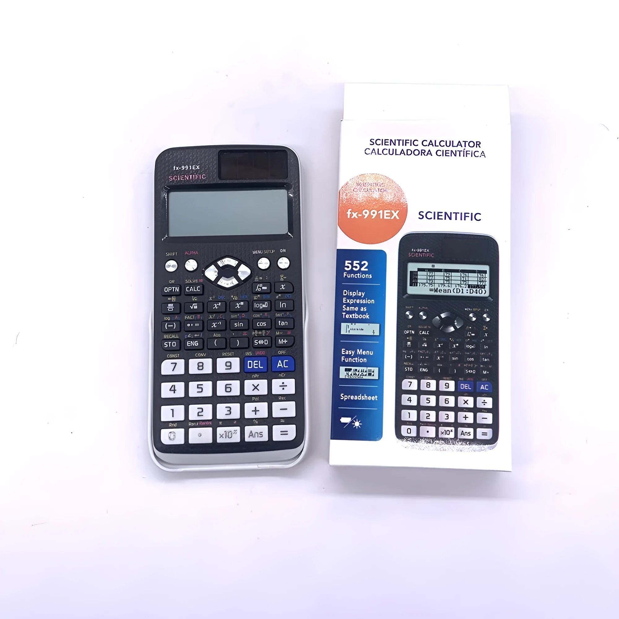 991EX solar scientific calculator in black, blue, or pink colours for complex statistics