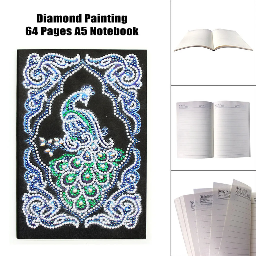 Black A5 diamond painting notebook with peacock design for creative project planning