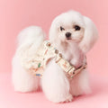 Beige cotton denim suspender skirt for small dogs, size M, on a white background