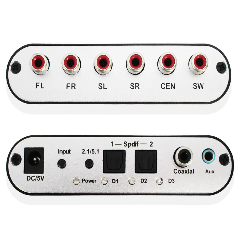 Black DTS Dolby Digital audio decoder with optical and coaxial inputs for 5.1 channel surround sound conversion