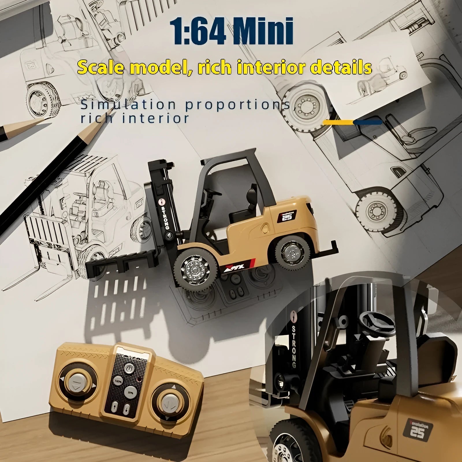 Mini alloy remote control forklift model with pallet and cargo hook accessories on 1:64 scale