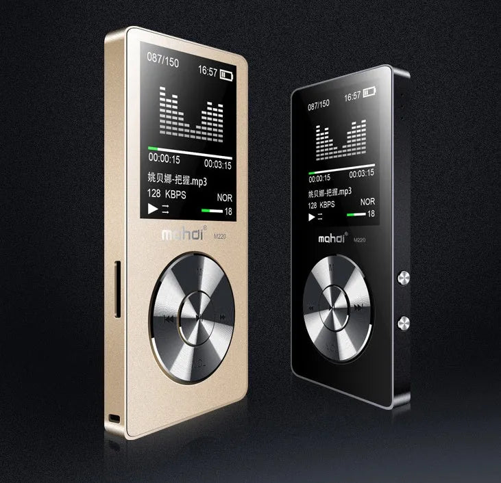 Gold, silver, or black metal portable MP3 player with a 1.8-inch screen showing a music menu.