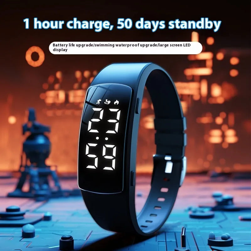 Waterproof vibration alarm clock watch with LED display and adjustable silicone strap in multiple colour options