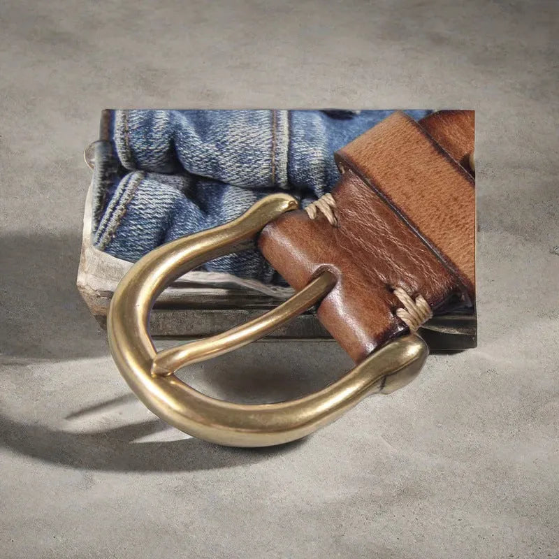 Men's black cattlehide leather casual belt with a copper pin buckle on a white background.