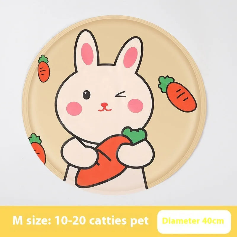 Round pet cooling mat with cartoon design, shown in beige bunny and blue cat patterns.