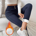 Navy blue women's high-waist straight-leg trousers with micro elasticity and Japanese-Korean casual styling