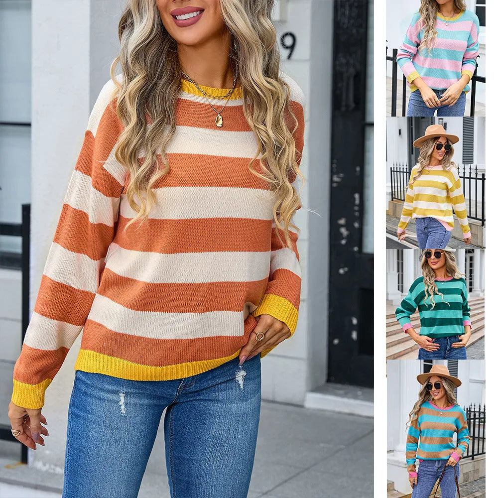 Women's loose fit long sleeve acrylic sweater in blue colour with striped pattern