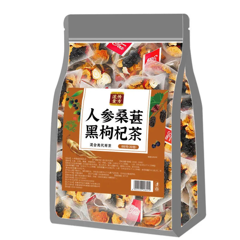 Ginseng Mulberry Black Wolfberry Tea pack with 40 individual 5g sachets totaling 200g