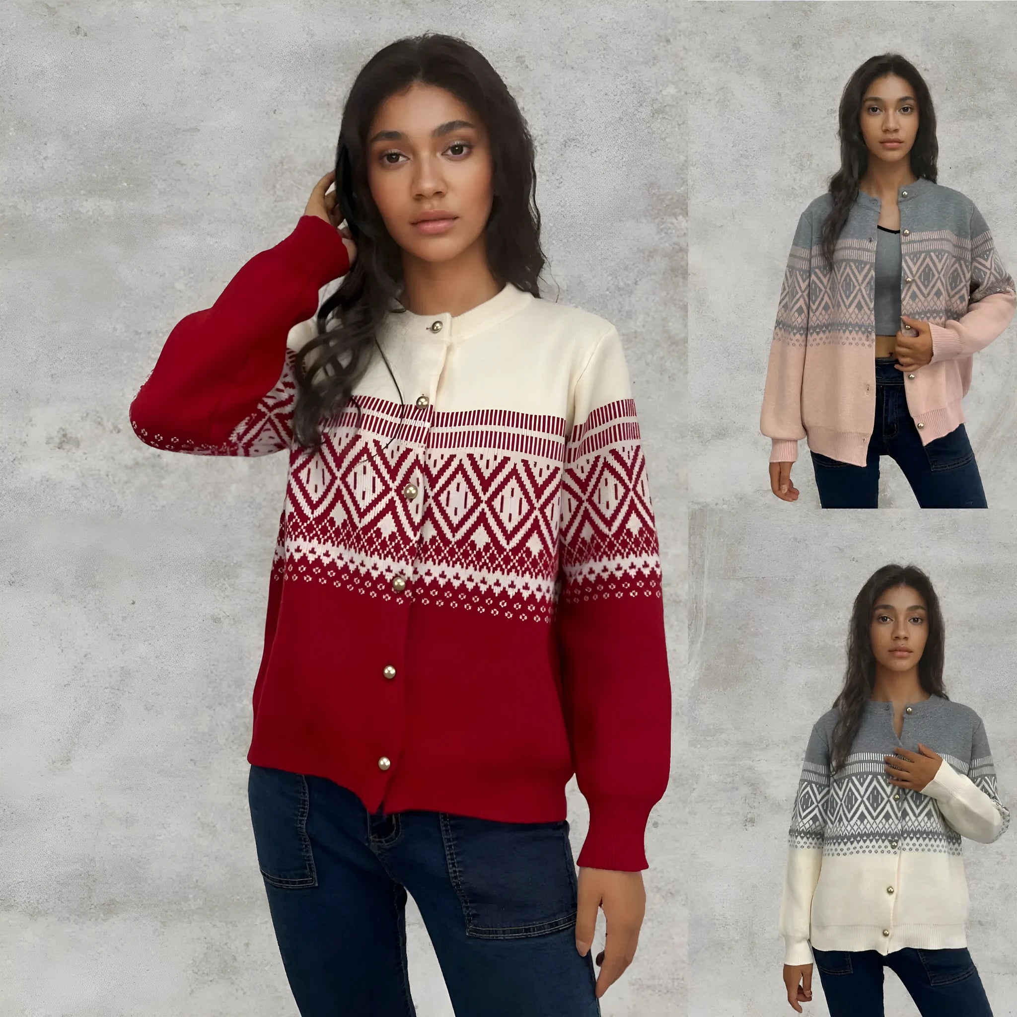 Woman wearing a grey diamond knit cardigan with contrast colour panels, long sleeves.