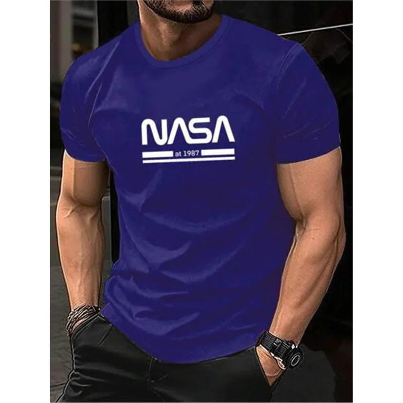 Men's slim-fit cotton short sleeve T-shirt with printed letters design in various solid colours