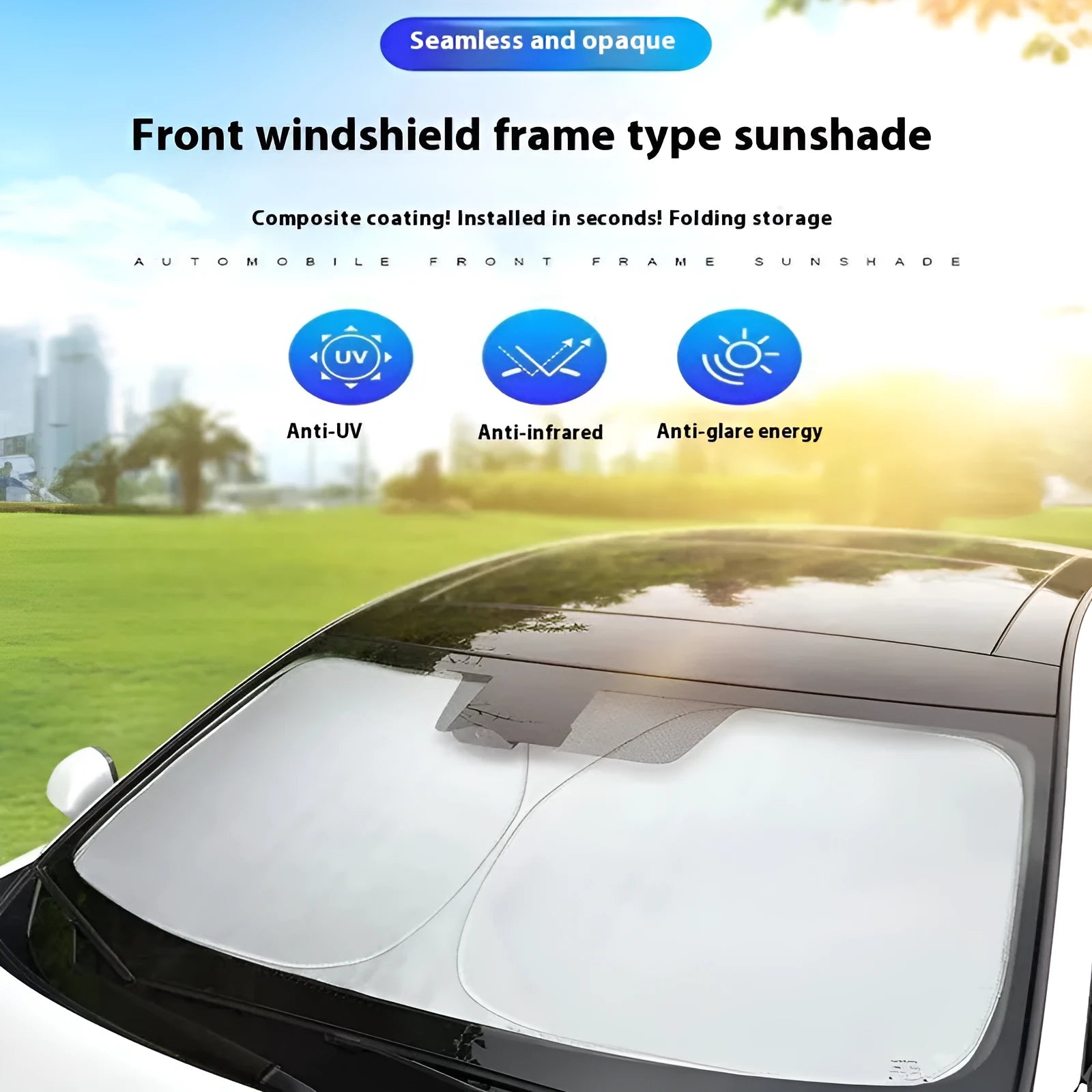 Titanium silver aluminium foil car sunshade laid flat, showing its reflective solid colour surface.