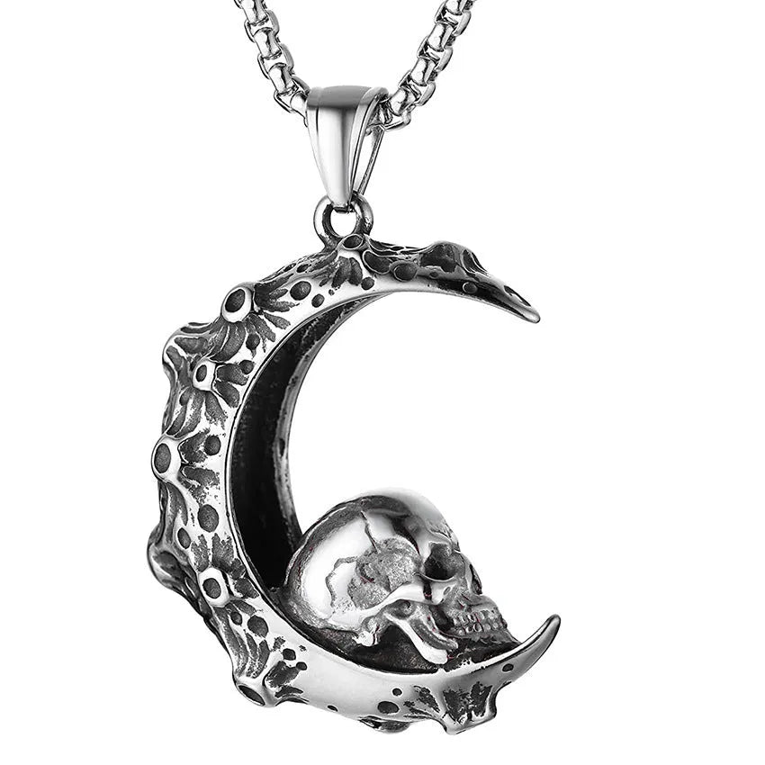 Men's stainless steel necklace with electroplated silver skull pendant in six design variations
