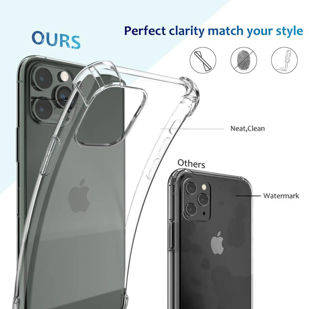 Clear transparent TPU shockproof back cover case for Apple iPhone on a table