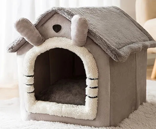 Foldable dog house pet cat bed in cave style with self-warming plush fur and non-slip bottom, available in multiple colours and sizes