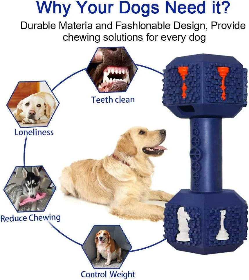 Durable black and blue rubber dumbbell dog chew toy for aggressive chewers on a white background.