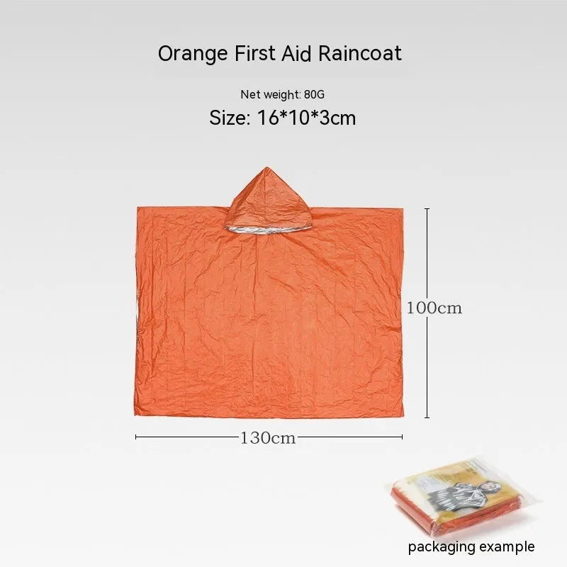 Emergency disaster relief tent kit with sleeping bag and raincoat in orange and green colours