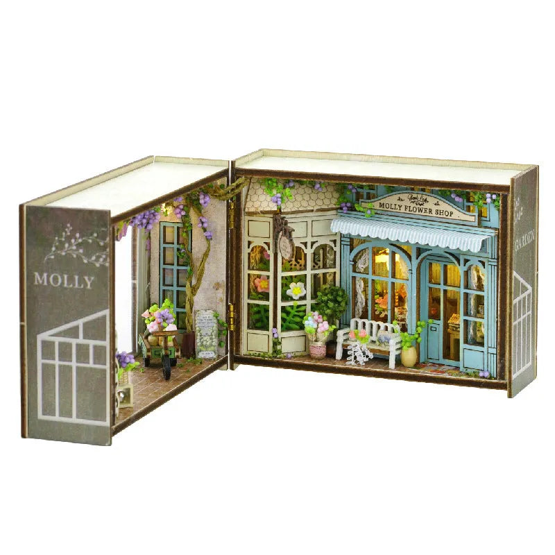 DIY Cottage MINI cut-free paper-cut flip-type wooden building model with flash function in colour box packaging