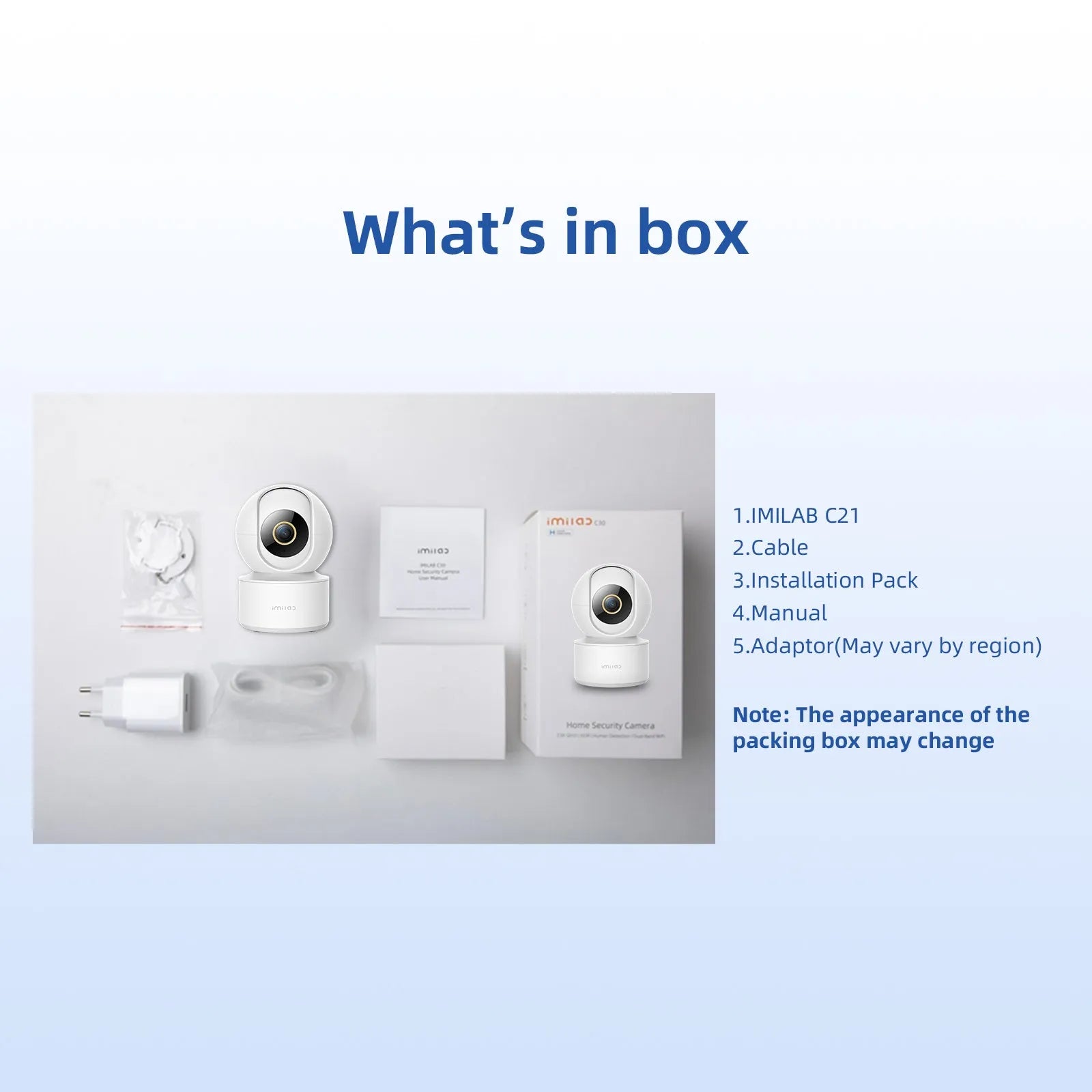 IMILAB C21 white indoor security camera with 2.5K resolution and 360 degree view on a shelf