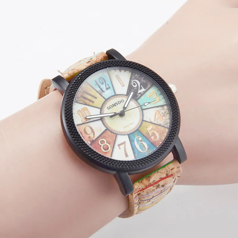 Women's vintage casual quartz watch with brown leather strap and 37mm round silver dial